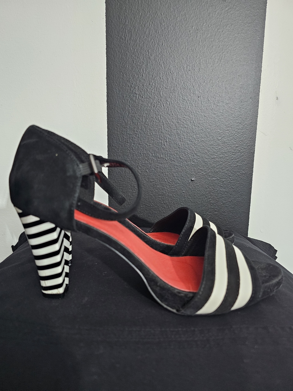 Striped Black and White Block Heel Sandals with Red Insole - Women
